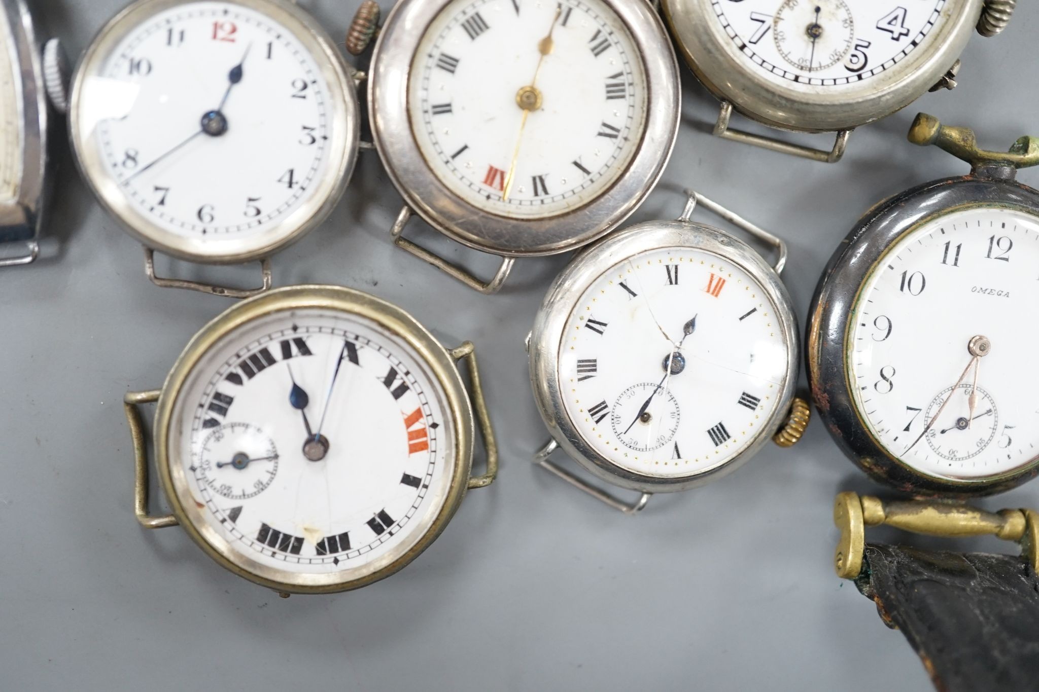 A George V silver open faced pocket watch, two silver or white metal fob watches and nine assorted mainly early 20th century wrist watches including silver.